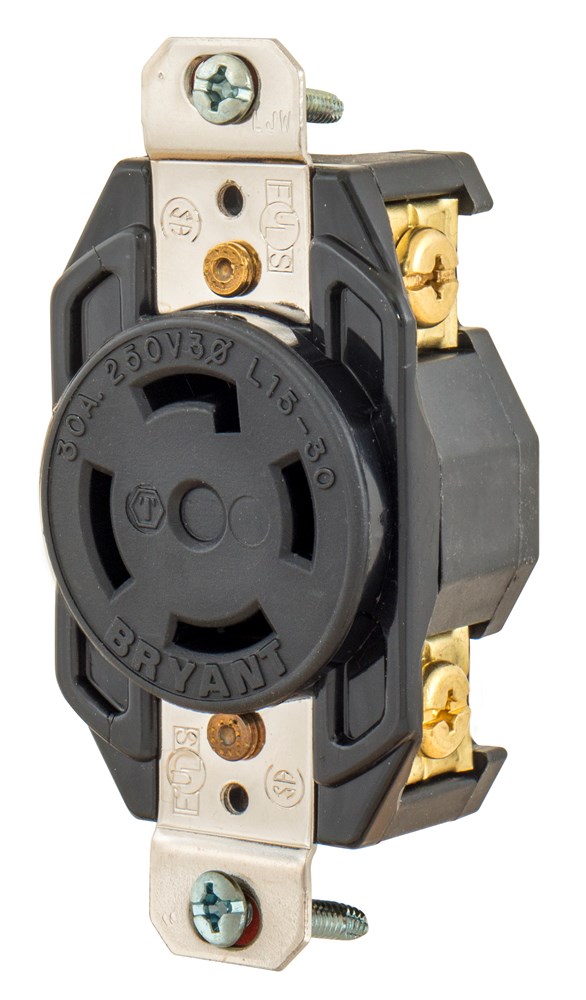 Locking Devices, Industrial, Flush Receptacle, 30A 3-Phase Delta 250V AC, 3-Pole 4-Wire Grounding, L15-30R, Screw Terminal, Black