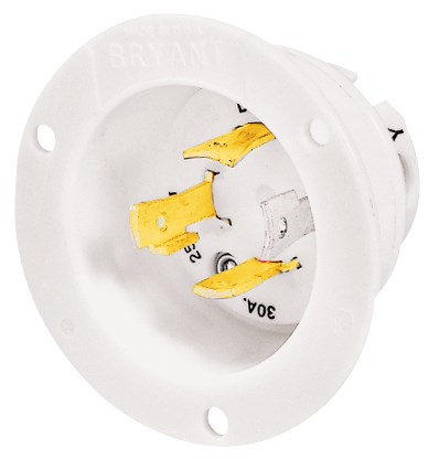 Locking Devices, Industrial, Flanged Inlet, 30A 3-Phase Delta 250V AC, 3-Pole 4-Wire Grounding, L15-30P, Screw Terminal, White