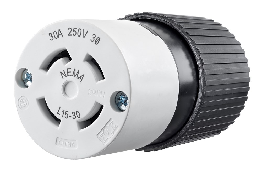 Locking Devices, Industrial, Female Connector Body, 30A 3-Phase Delta 250V AC, 3-Pole 4-Wire Grounding, L15-30R, Screw Terminal, Black and White