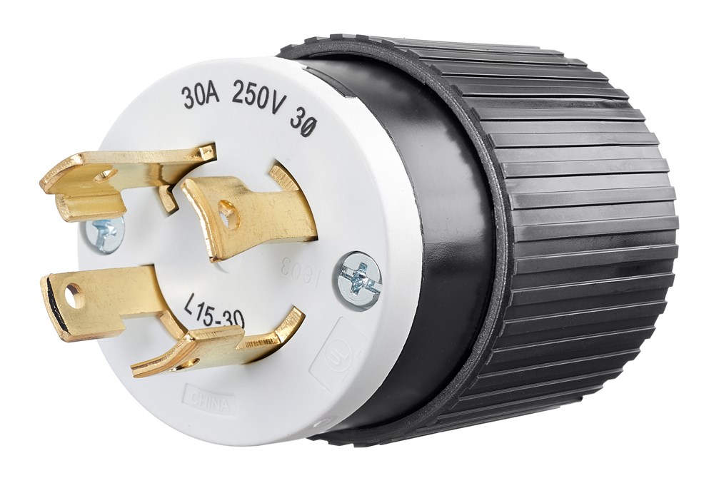 Locking Devices, Industrial, Male Plug, 30A 3- Phase Delta 250V AC, 3-Pole 4-Wire Grounding, L15-30P, Screw Terminal, Black and White