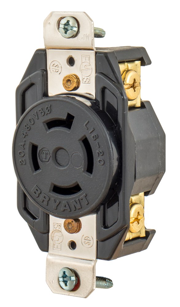 Locking Devices, Industrial, Flush Nylon Receptacle, 20A 3-Phase Delta 480V AC, 3-Pole 4-Wire Grounding, L16-20R, Screw Terminal, Black/White