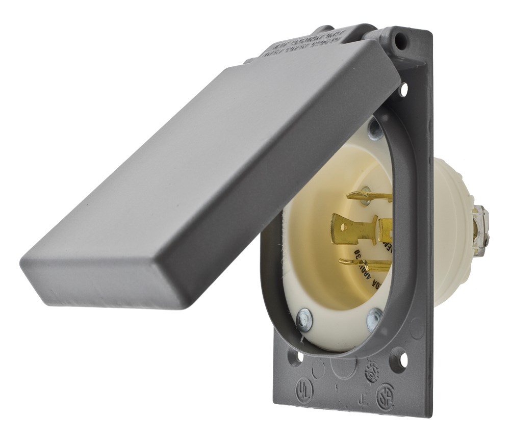 Locking Devices, Industrial, Flanged Inlet, 20A 3-Phase Delta 480V AC, 3-Pole 4-Wire Grounding, L16-20P, Screw Terminal, White, With Weatherproof Cover