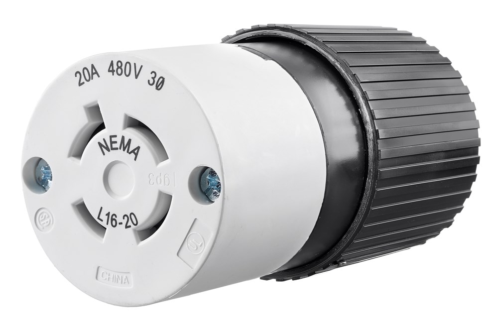 Locking Devices, Industrial, Female Nylon Connector Body, 20A 3-Phase Delta 480V AC, 3-Pole 4-Wire Grounding, L16-20R, Screw Terminal, Black and White