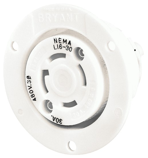 Locking Devices, Industrial, Flanged Receptacle, 30A 3-Phase Delta 480V AC, 3-Pole 4-Wire Grounding, L16-30R, Screw Terminal, White