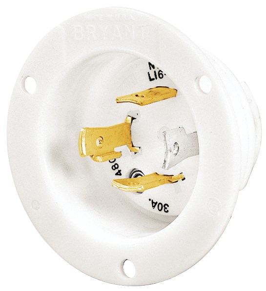 Locking Devices, Industrial, Flanged Inlet, 30A 3-Phase Delta 480V AC, 3-Pole 4-Wire Grounding, L16-30P, Screw Terminal, White