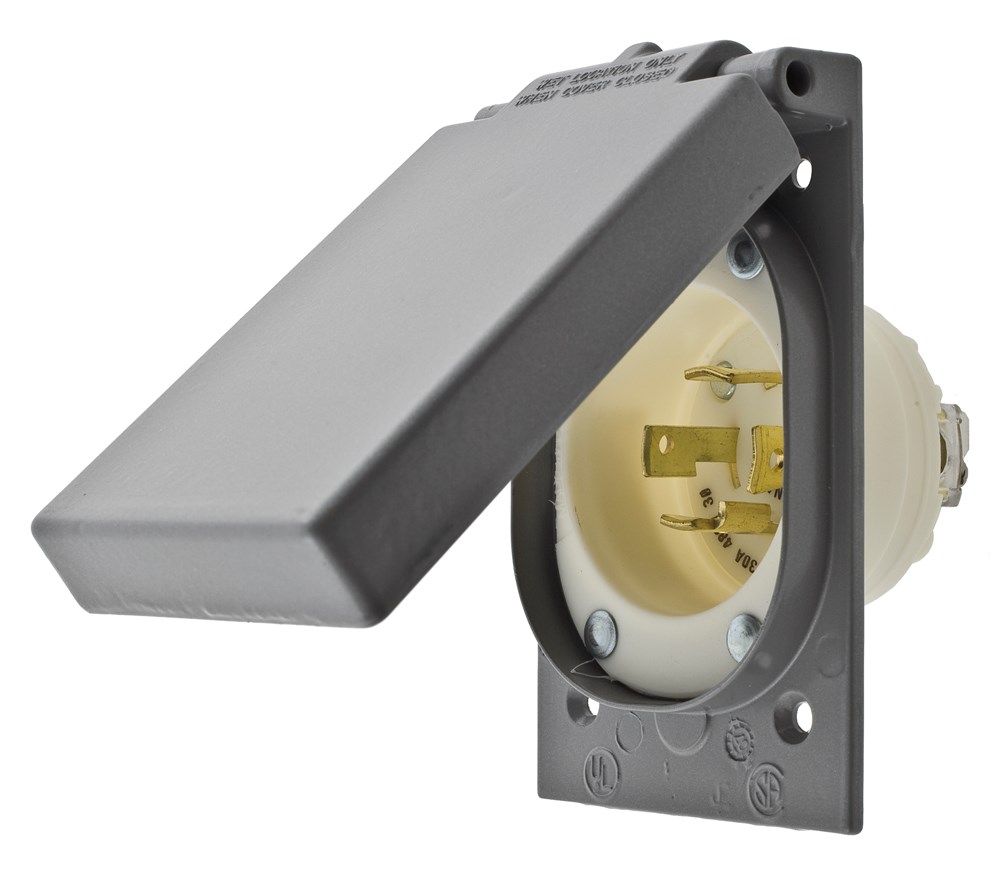 Locking Devices, Industrial, Flanged Inlet, 30A 3-Phase Delta 480V AC, 3-Pole 4-Wire Grounding, L16-30P, Screw Terminal, White, With Weatherproof Cover