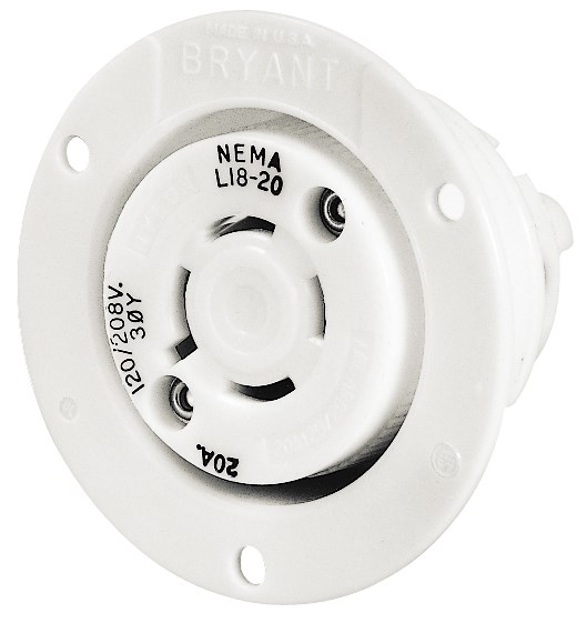 Locking Devices, Industrial, Flanged Receptacle, 20A 3-Phase Wye 120/208V AC, 4-Pole 4-Wire Non-Grounding, L18-20R, Screw Terminal, White.