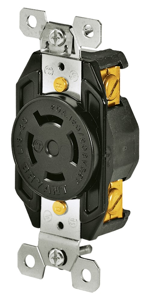 Locking Devices, Industrial, Flush Nylon Receptacle, 20A 3-Phase Wye 120/208V AC, 4-Pole 4-Wire Non-Grounding, L18-20R, Screw Terminal, Black/White.