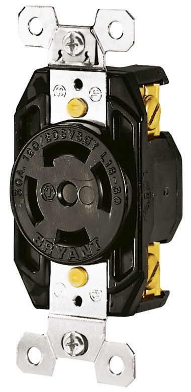 Locking Devices, Industrial, Flush Receptacle, 30A 3-Phase Wye 120/208V AC, 4-Pole 4-Wire Non-Grounding, L18-30R, Screw Terminal, Black