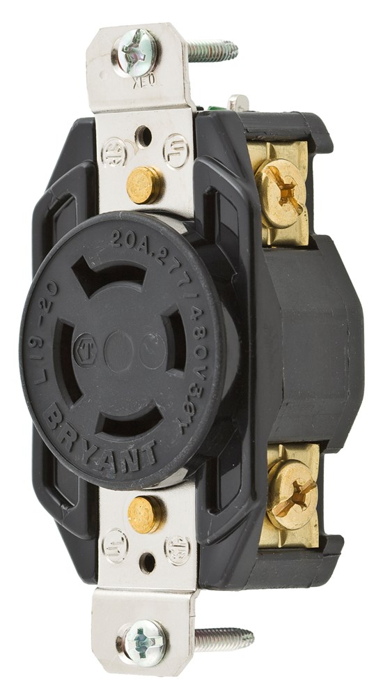 Locking Devices, Industrial, Flush Nylon Receptacle, 20A 3-Phase Wye 277/480V AC, 4-Pole 4-Wire Non-Grounding, L19-20R, Screw Terminal, Black/White.