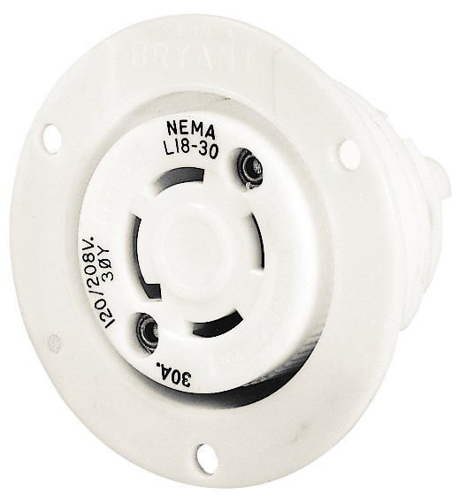 Locking Devices, Industrial, Flanged Receptacle, 30A 3-Phase Wye 277/480V AC, 4-Pole 4-Wire Non-Grounding, L19-30R, Screw Terminal, White