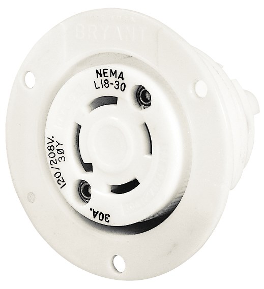 Locking Devices, Industrial, Flanged Receptacle, 30A 3-Phase Wye 347/600V AC, 4-Pole 4-Wire Non-Grounding, L20-30R, Screw Terminal, White.