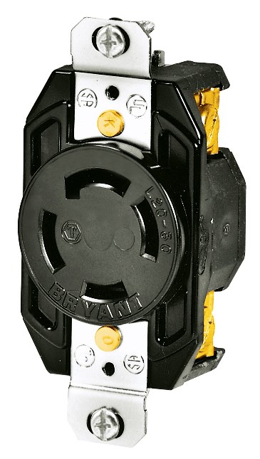 Locking Devices, Industrial, Flush Receptacle, 30A 3-Phase Wye 347/600V AC, 4-Pole 4-Wire Non-Grounding, L20-30R, Screw Terminal, Black.