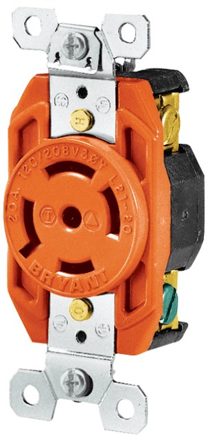 Locking Devices, Isolated Ground, Industrial, Flush Nylon Receptacle, 20A 3-Phase Wye 120/208V AC, 4-Pole 5-Wire Grounding, L21-20R, Screw Terminal, Orange