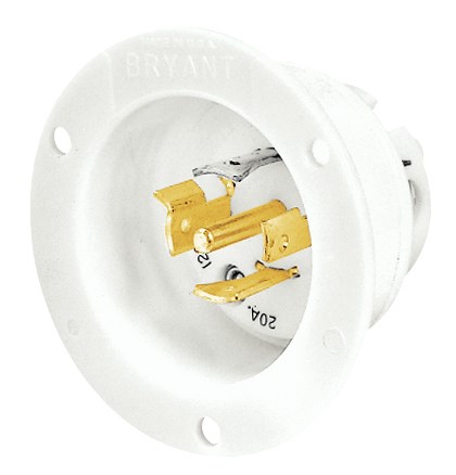 Locking Devices, Industrial, Flanged Inlet, 20A 3-Phase Wye 120/208V AC, 4-Pole 5-Wire Grounding, L21-20P, Screw Terminal, White