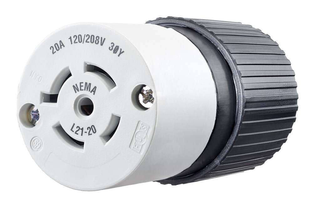 Locking Devices, Industrial, Female Nylon Connector Body, 20A 3-Phase Wye 120/208V AC, 4-Pole 5-Wire Grounding, L21-20R, Screw Terminal, Black and White