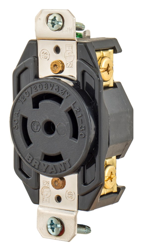 Locking Devices, Industrial, Flush Receptacle, 30A 3-Phase Wye 120/208V AC, 4-Pole 5-Wire Grounding, L21-30R, Screw Terminal, Black
