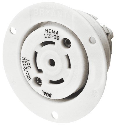 Locking Devices, Industrial, Flanged Receptacle, 30A 3-Phase Wye 347/600V AC, 4-Pole 5-Wire Grounding, L23-30R, Screw Terminal, White