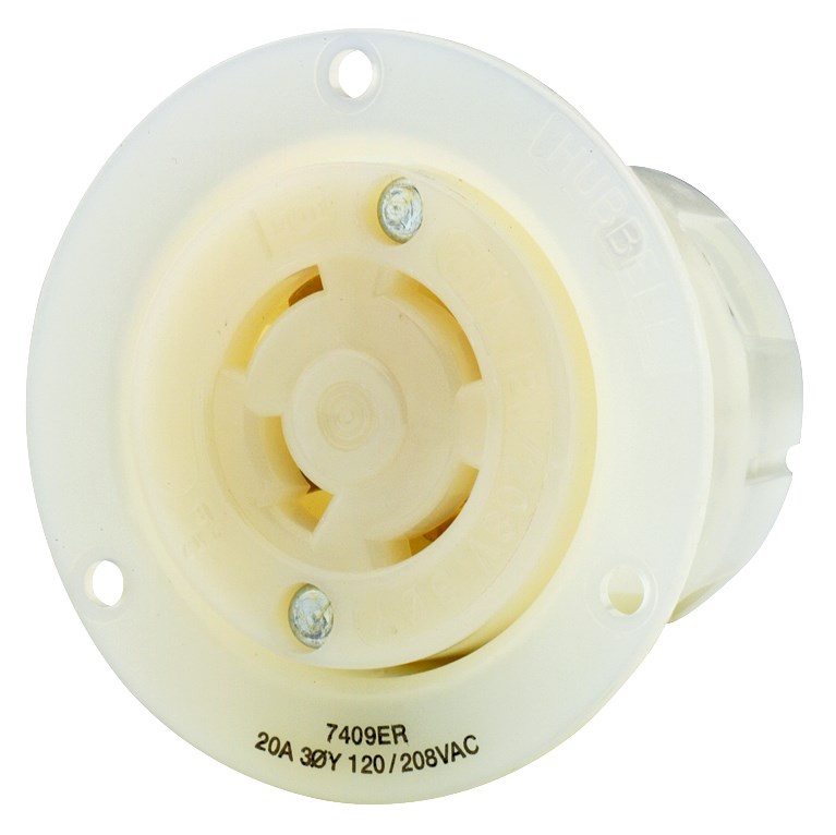 Locking Devices, Industrial, Flanged Receptacle, 20A 3-Phase Wye 120/208V AC, 4-Pole 4-Wire Non-Grounding, Non-NEMA, Screw Terminal, White
