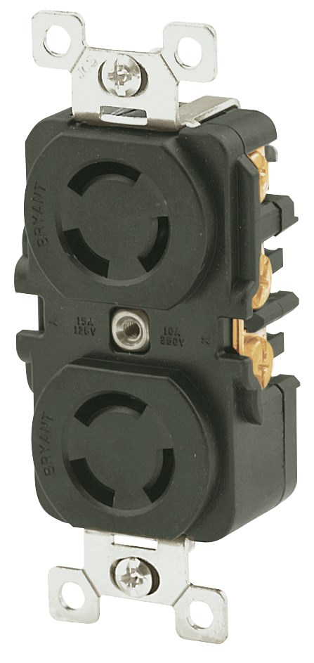 Locking Devices, Industrial, Duplex Receptacle, 10A 250V, 3-Pole 3-Wire Non-Grounding, Non-NEMA, Screw Terminal, Black RTP