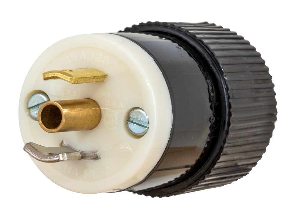 Locking Devices, Bryant Midget Locking, Industrial, Male Plug, 15A 125V, 2-Pole 3-Wire Grounding, ML-2P, Screw Terminal, Black