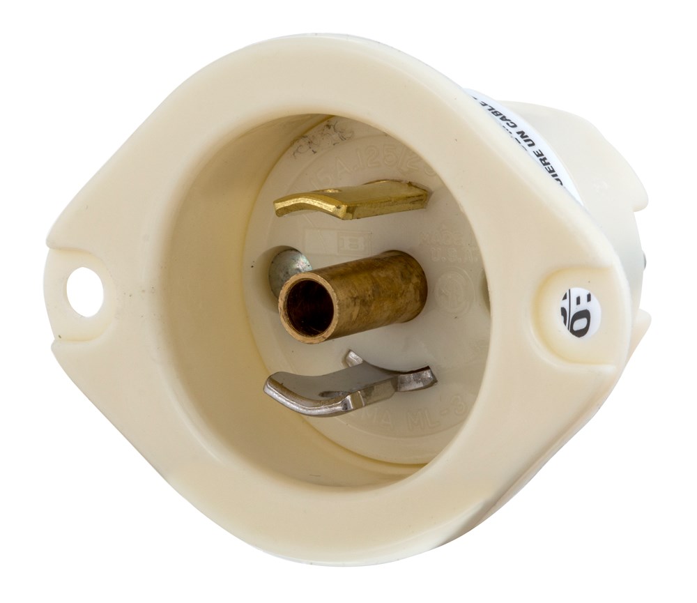 Locking Devices, Bryant Midget Locking, Industrial, Flanged Inlet, 15A 125V, 2-Pole 3-Wire Grounding, ML-2P, Screw Terminal, Black & White