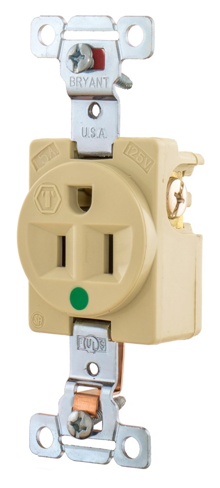 Straight Blade Devices, Receptacles, Single, Hospital Grade, 15A 125V, 2-Pole 3-Wire Grounding, Back and Side Wired, 5-15R, Ivory, Single Pack