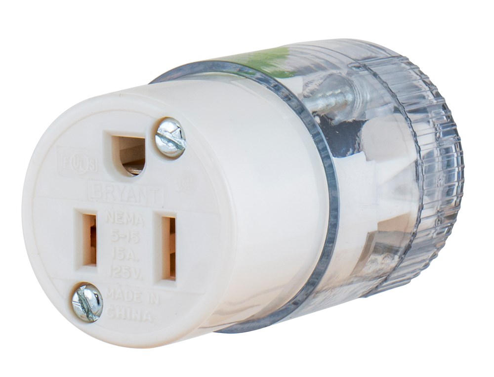 Straight Blade Devices, Female Connector Body, Heavy Duty, Hospital Grade, Straight, 15A 125V, 2-Pole 3-Wire Grounding, 5-15R, Clear, Single Pack