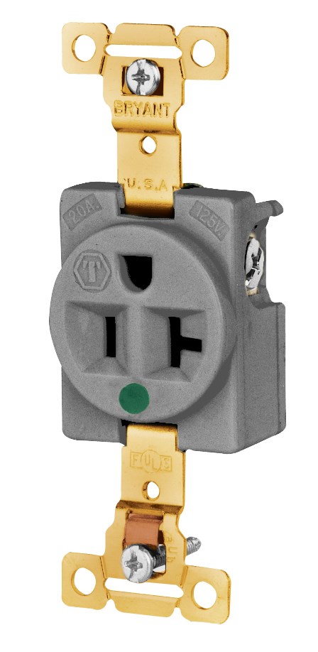 Straight Blade Devices, Receptacles, Weather- Resistant, Single, Hospital Grade, 20A 125V, 2-Pole 3-Wire Grounding, Back and Side Wired, 5- 20R, Gray, Single Pack