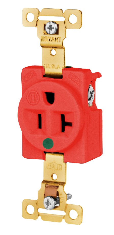 Straight Blade Devices, Receptacles, Weather- Resistant, Single, Hospital Grade, 20A 125V, 2-Pole 3-Wire Grounding, Back and Side Wired, 5- 20R, Red, Single Pack
