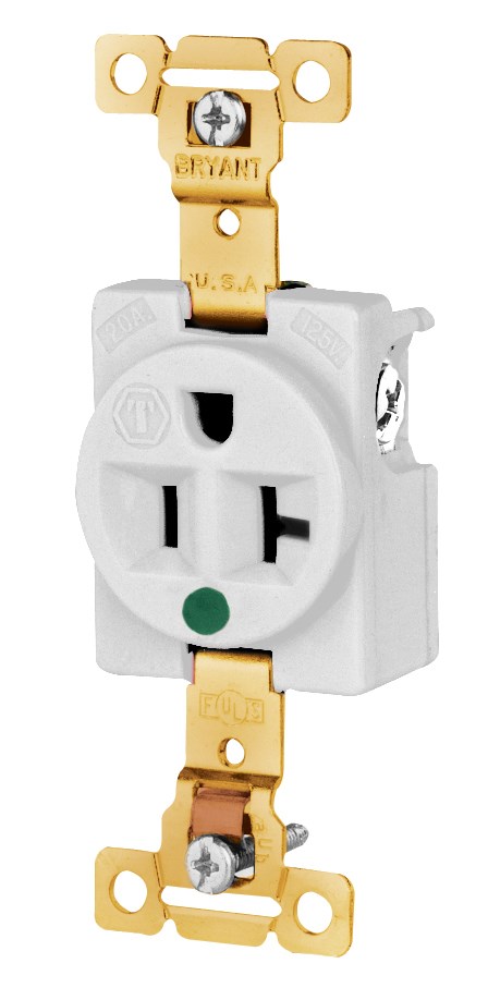 Straight Blade Devices, Receptacles, Weather- Resistant, Single, Hospital Grade, 20A 125V, 2-Pole 3-Wire Grounding, Back and Side Wired, 5- 20R, White, Single Pack