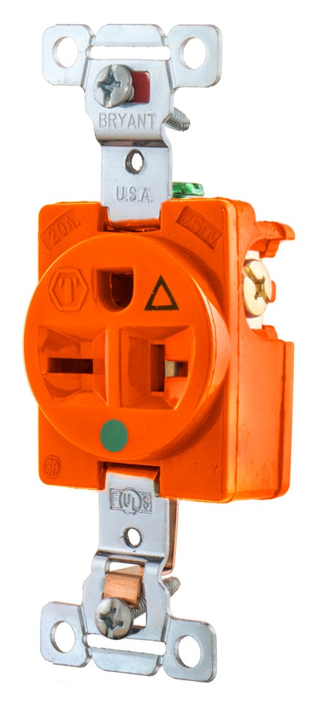 Straight Blade Devices, Receptacles, Single, Hospital Grade, 20A 250V, 2-Pole 3-Wire Grounding, Back and Side Wired, 6-20R, Orange, Single Pack