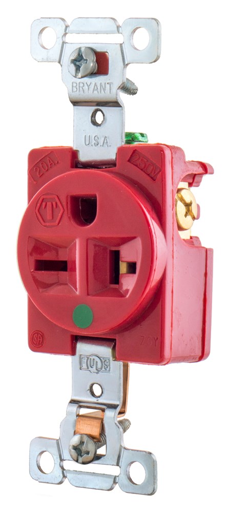 Straight Blade Devices, Receptacles, Single, Hospital Grade, 20A 250V, 2-Pole 3-Wire Grounding, Back and Side Wired, 6-20R, Red, Single Pack