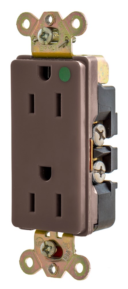 Straight Blade Devices, Receptacles, Duplex, Decorator Hospital Grade, 15A 125V, 2-Pole 3-Wire Grounding, Back and Side Wired, 5-15R, Brown, Single Pack