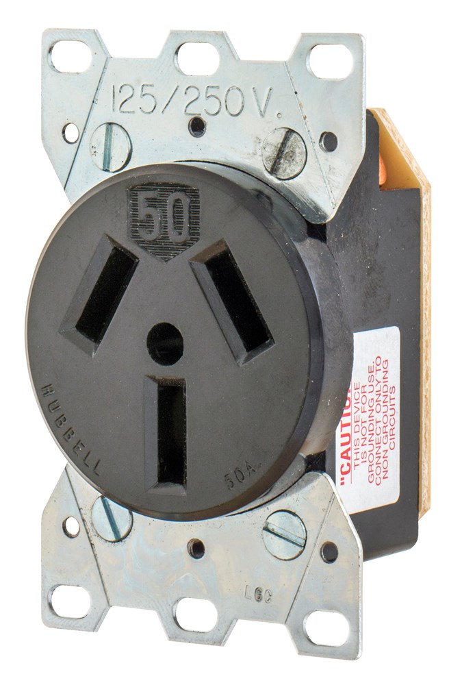 Straight Blade Devices, Receptacles, Flush Mount, Single, Commercial/Industrial Grade, Reinforced Thermoplastic Polyester, 50A 125/250V, 3-Pole 3-Wire Non-Grounding, 10-50R, Black, Single Pack.