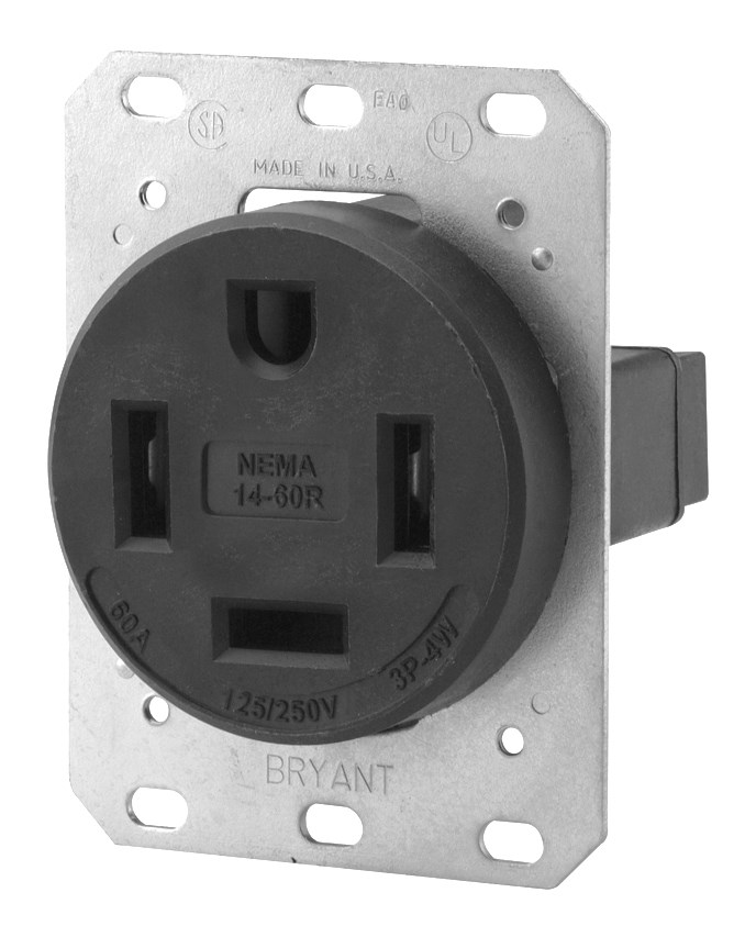 Straight Blade Devices, Receptacles, Flush Mount Single, Commercial/Industrial Grade, 60A 125/250V, Reinforced Black Thermoplastic Polyester, 3-Pole 4-Wire Grounding, 14-60R, Black, Single Pack