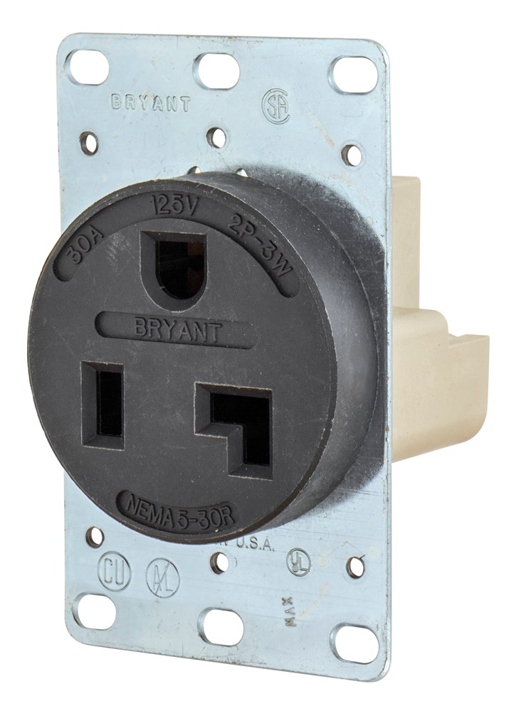 Straight Blade Devices, Receptacles, Flush Mount Single, Commercial/Industrial Grade, Reinforced Thermoplastic Polyester, 30A 125V, 2-Pole 3-Wire Grounding, 5-30R, Black, Single Pack