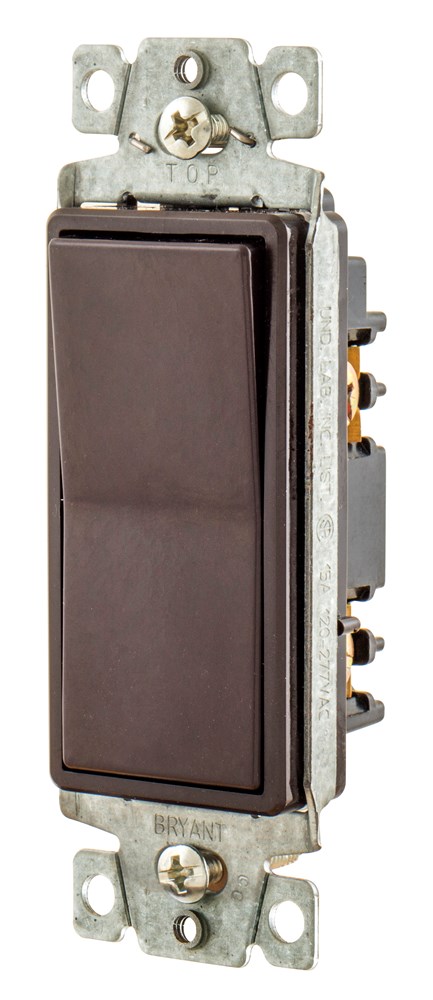 Switches and Lighting Controls, Industrial Grade Fashion Series, Rocker Switches, General Purpose AC, Single Pole, 15A 120/277V AC, Back and Side Wired, Brown