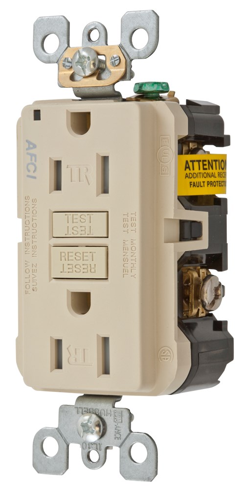 Hubbell Wiring Device Kellems, Power Protection Products, Arc Fault,Tamper Resistant Receptacle, Duplex, 15A 125V, 2-Pole 3-Wire Grounding,5-15R, Ivory
