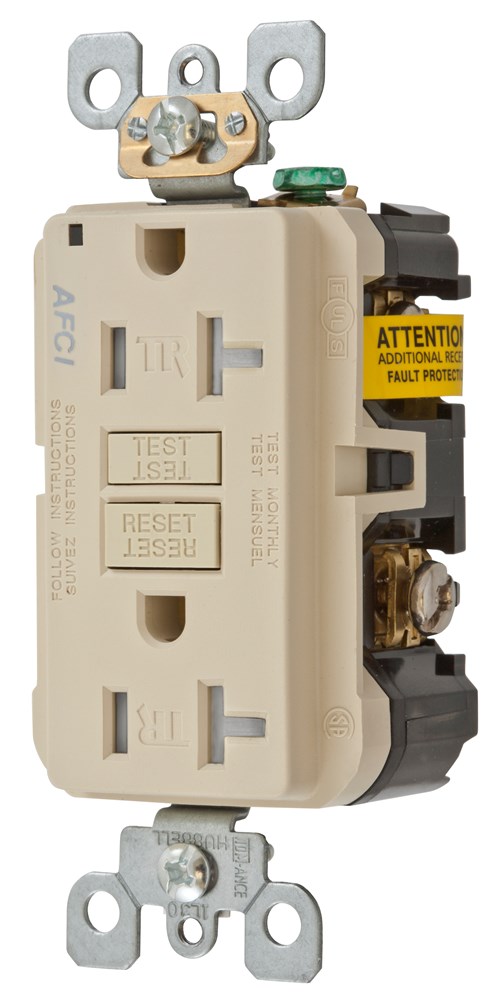 Hubbell Wiring Device Kellems, Power Protection Products, Arc Fault,Tamper Resistant Receptacle, Duplex, 20A 125V, 2-Pole 3-Wire Grounding,5-20R, Ivory