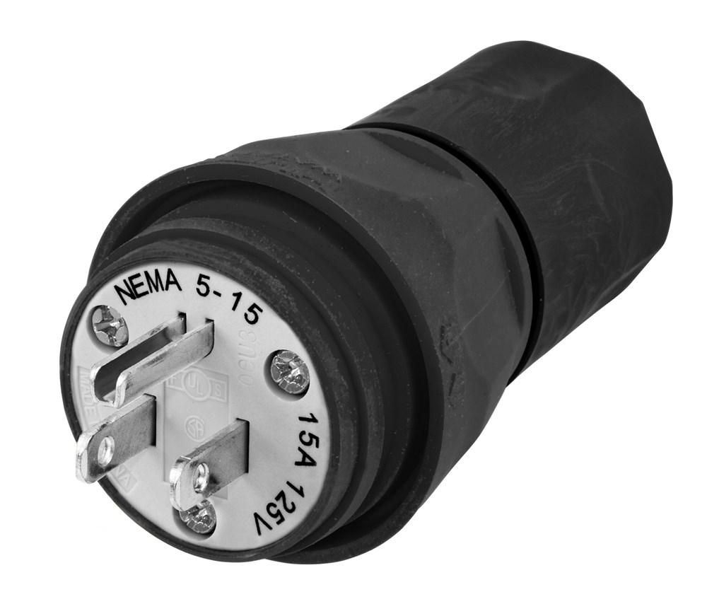 Straight Blade Devices, Elastomeric, Male Plug, 15A 125V, 2-Pole 3-Wire Grounding, 5-15P, Screw Terminal, Black, Water/Dust-Tight Housing