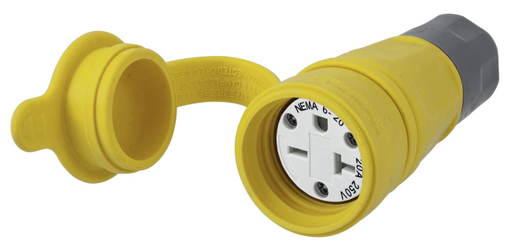 Straight Blade Devices, Elastomeric, Female Connector Body, 20A 250V, 2-Pole 3-Wire Grounding, 6-20P, Screw Terminal, Yellow, Water/Dust-Tight Housing