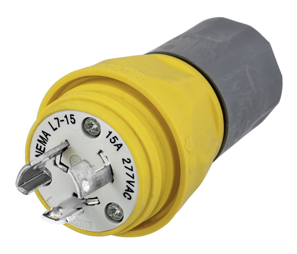 Watertight Devices, Locking Devices, Male Plug, 15A 277V AC, 2-Pole 3-Wire Grounding, L7-15P, Screw Terminal, Yellow, Water/Dust-Tight Housing