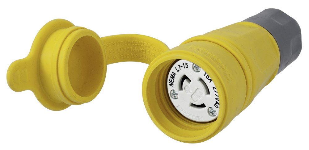 Watertight Devices, Locking Devices, Elastomeric, Female Connector Body, 15A 277V AC, 2-Pole 3-Wire Grounding, L7-15R, Screw Terminal, Yellow, Water/Dust-Tight Housing