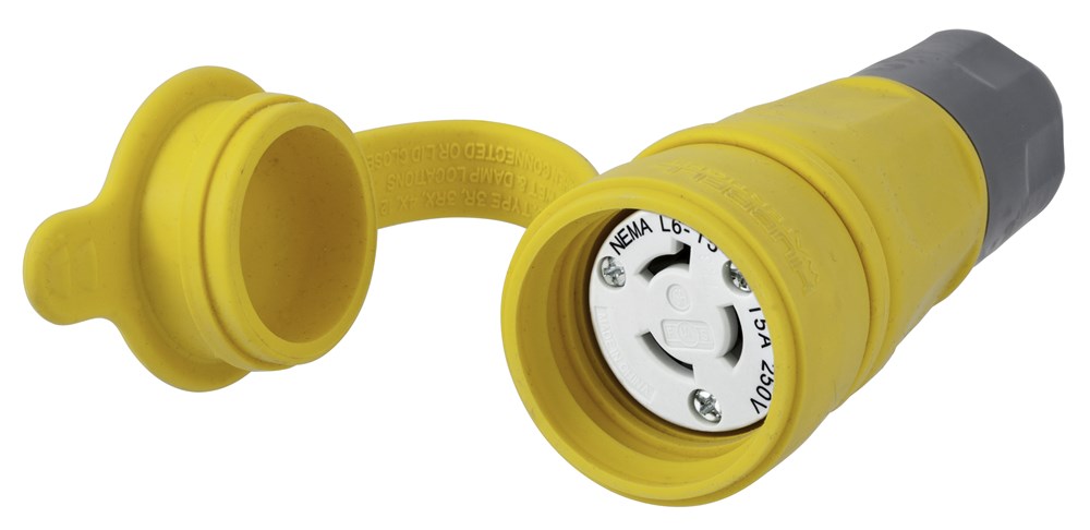 Watertight Devices, Locking Devices, Elastomeric, Female Connector Body, 15A 250V, 2-Pole 3-Wire Grounding, L6-15R, Screw Terminal, Yellow, Water/Dust-Tight Housing