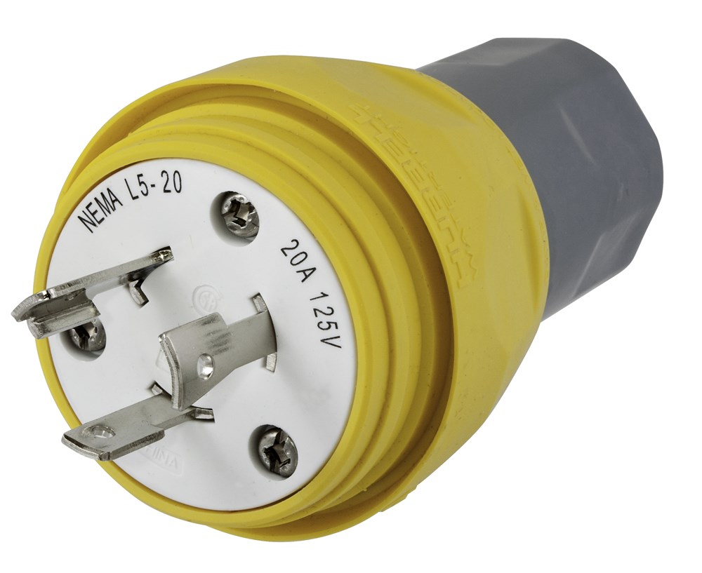 Watertight Devices, Locking Devices, Elastomeric, Male Plug, 20A 125V, 2-Pole 3-Wire Grounding, L5-20P, Screw Terminal, Yellow, Water/Dust-Tight Housing