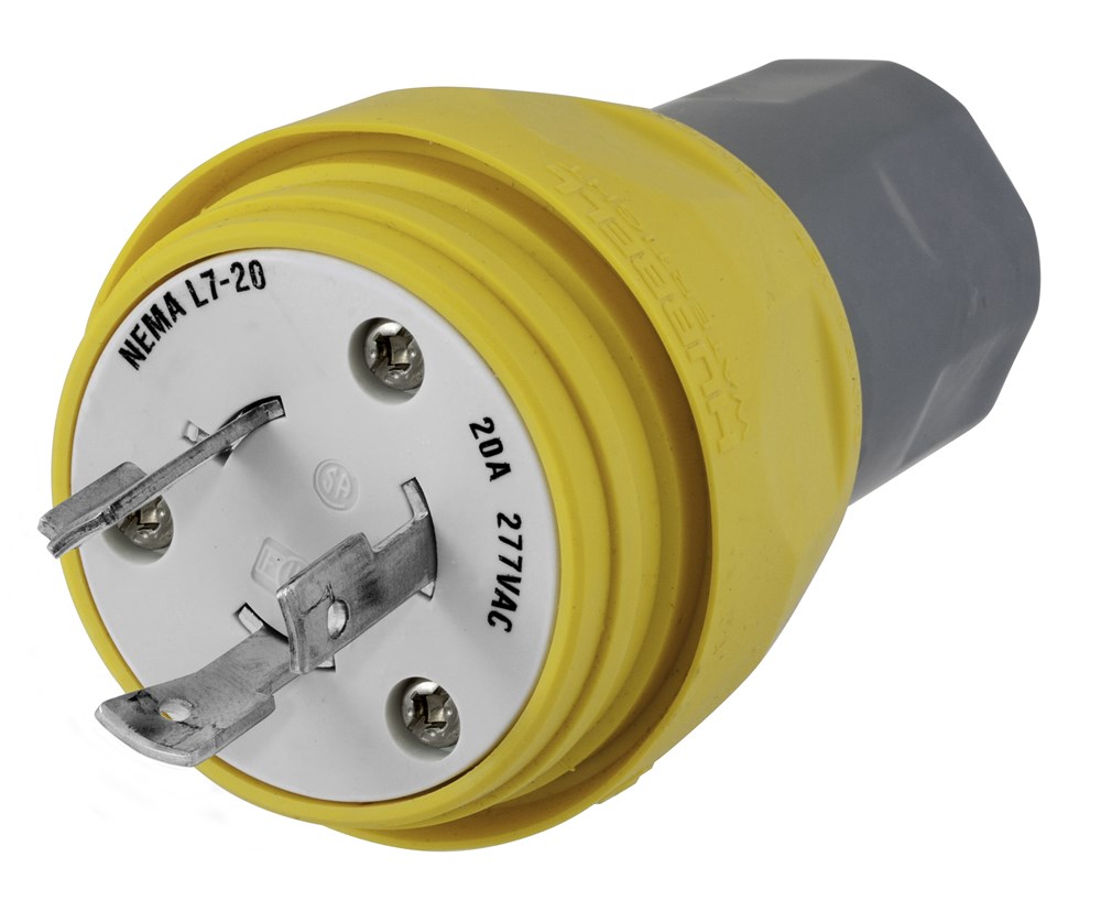 Watertight Devices, Locking Devices, Elastomeric, Male Plug, 20A 277V AC, 2-Pole 3-Wire Grounding, L7-20P, Screw Terminal, Yellow, Water/Dust- Tight Housing