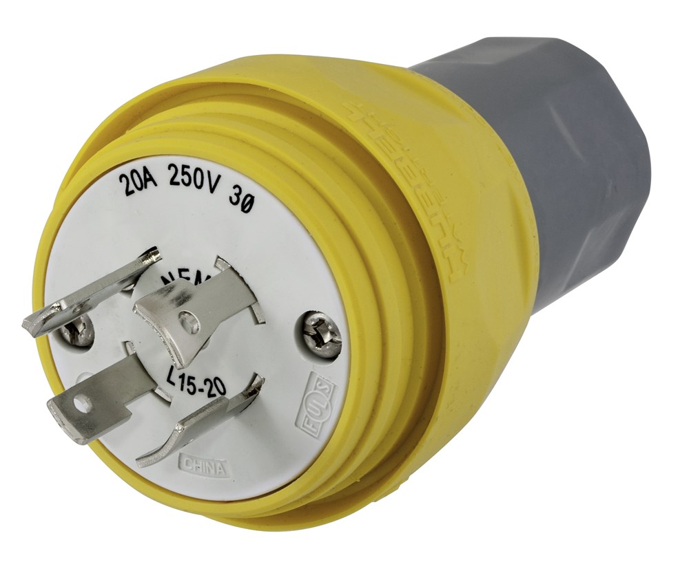 Watertight Devices, Locking Devices, Elastomeric, Male Plug, 20A 3-Phase 250V AC, 3-Pole 4-Wire Grounding, L15-20P, Screw Terminal, Yellow, Water/Dust-Tight Housing