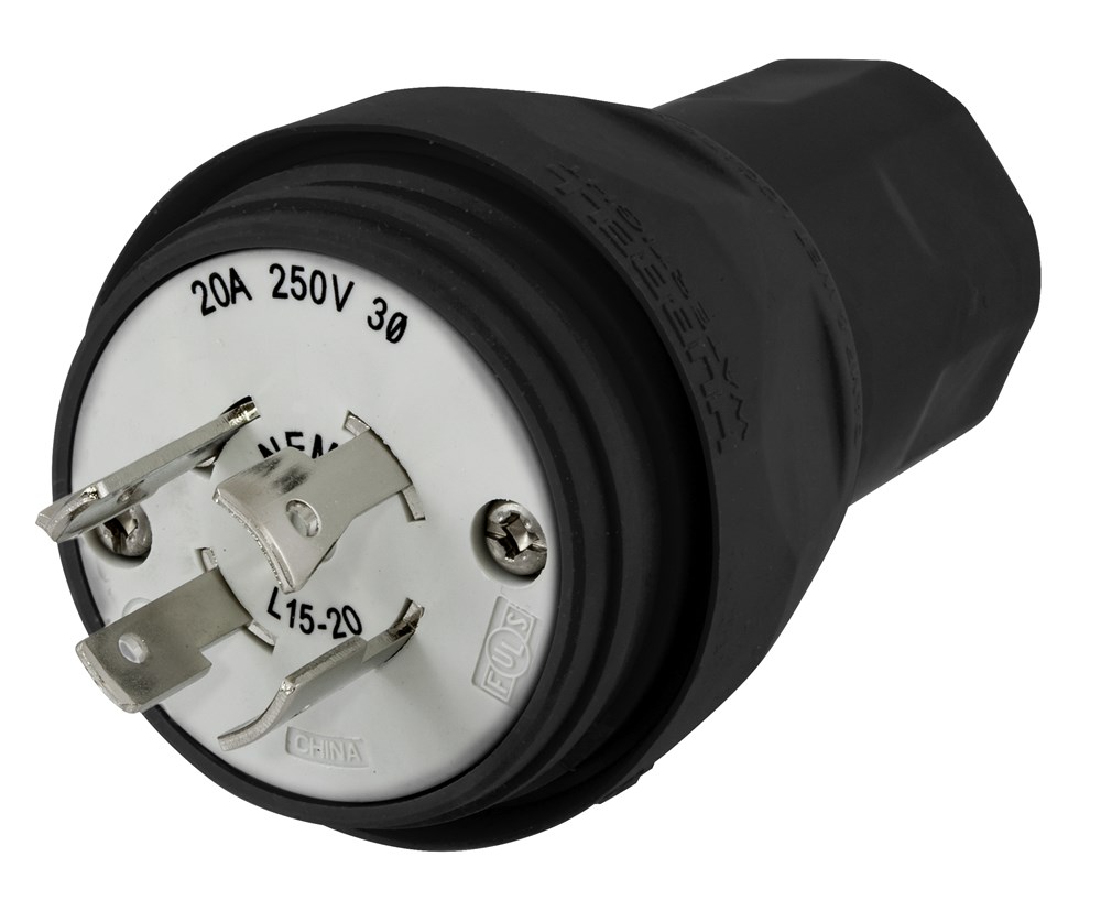 Watertight Devices, Locking Devices, Elastomeric, Male Plug, 20A 3-Phase 250V AC, 3-Pole 4-Wire Grounding, L15-20P, Screw Terminal, Black, Water/Dust-Tight Housing
