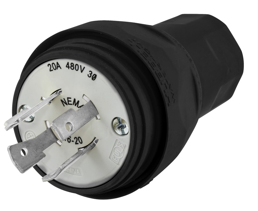 Watertight Devices, Locking Devices, Elastomeric, Male Plug, 20A 3-Phase 480V AC, 3-Pole 4-Wire Grounding, L16-20P, Screw Terminal, Black, Water/Dust-Tight Housing